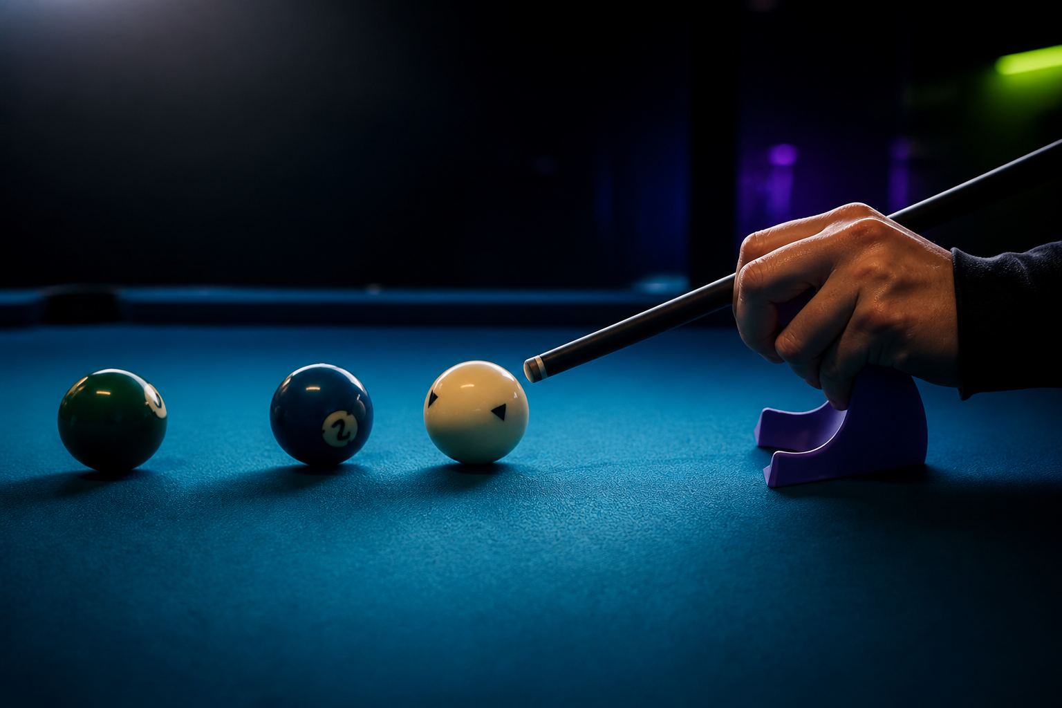 A player using the purple Original Jackrabbit to raise the cue over blocking pool balls